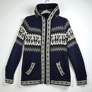 Alpaca Wool Blend Cardigan Sweater Llama Aztec Hooded Knit Navy Gray White MED?
